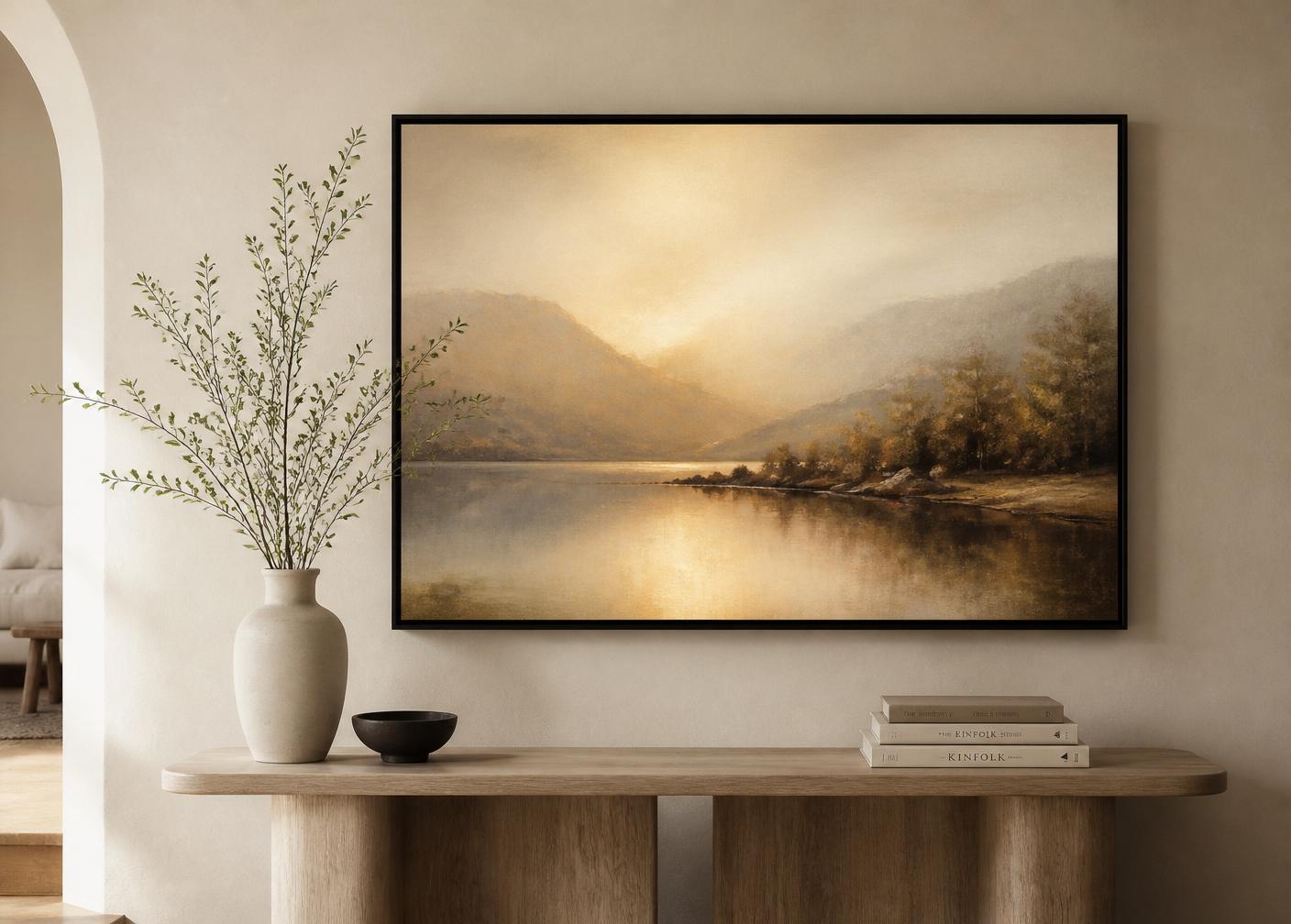 Framed landscape painting hanging above a wooden console table in a minimal interior