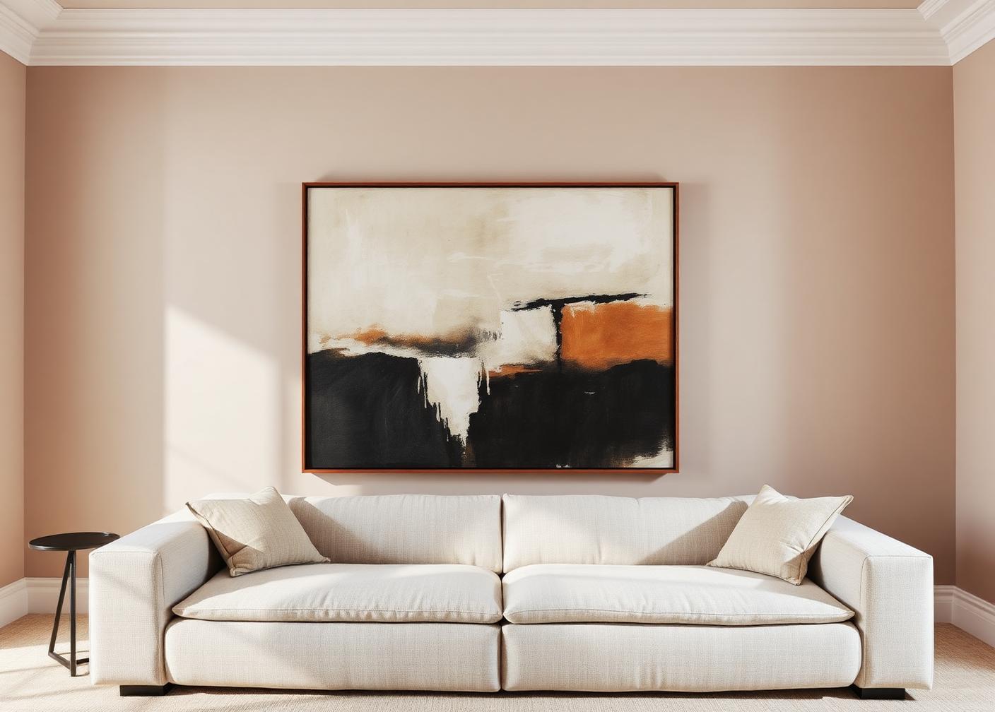 Large abstract painting styled above a linen sofa in a warm minimal room