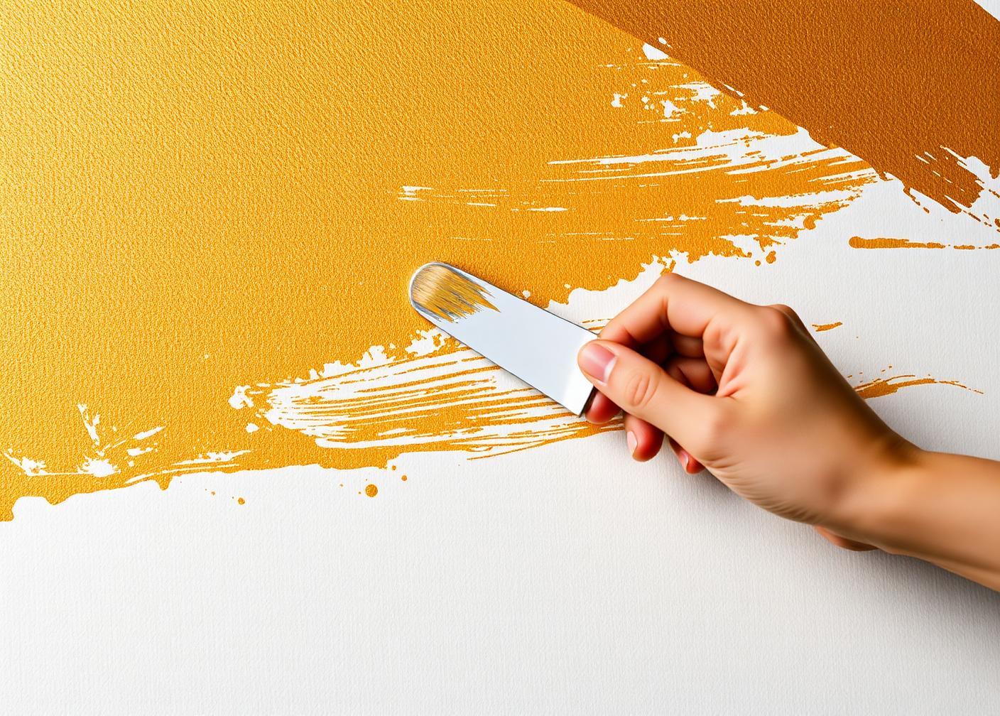 Artist applying gold paint to canvas with a palette knife